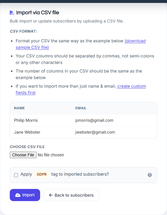 Import subscribers CSV format