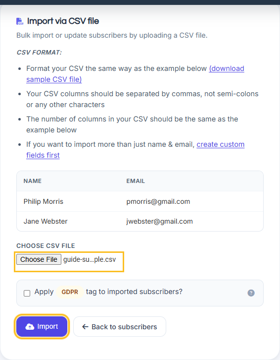 Choose CSV file and import