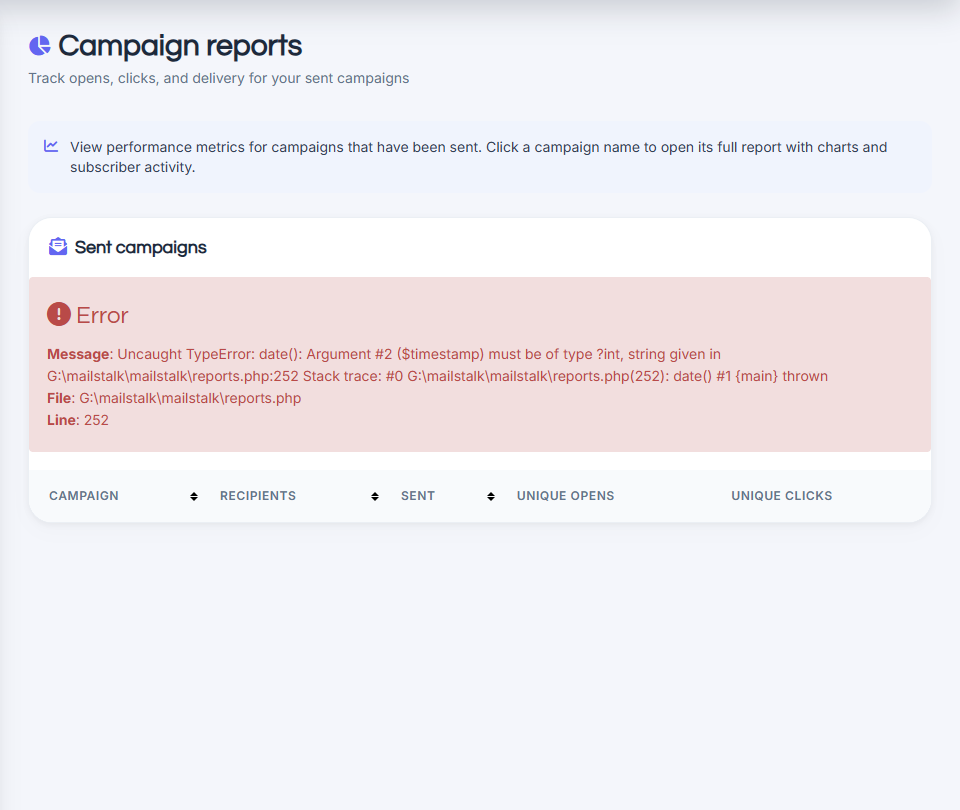 See reports page with sent campaigns